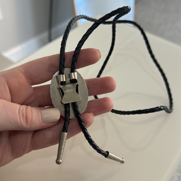 Black and Silver Bolo Tie with Turquoise Accent - Picture 5 of 7